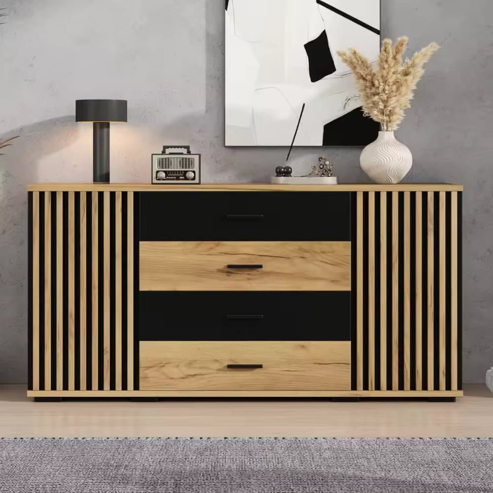 Buffet Orée en chêne naturel et noir mat vu de face